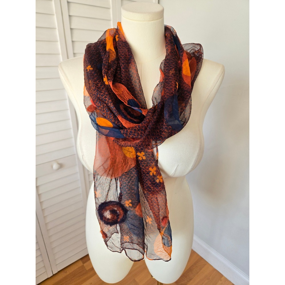 Senas Sheer Silk Scarf Orange Black Abstract Wool Felted Applique Artsy Wrap
